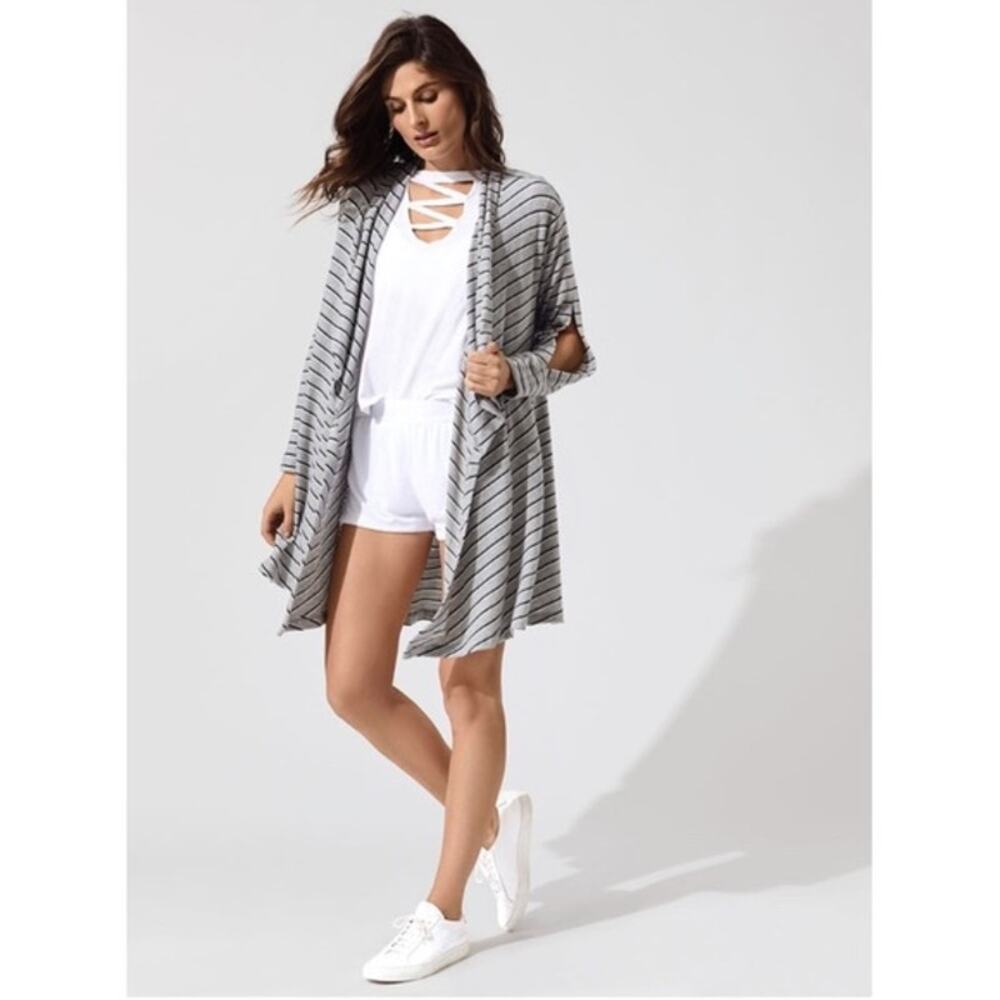 LNA Gray Blue Striped Brushed Divergence Striped Open Front Cardigan Size Medium